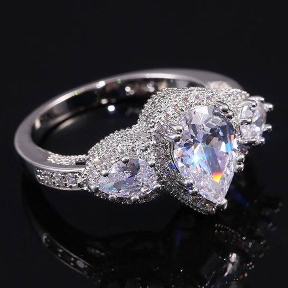 Jewelry - NEW 925 Silver Teardrop Diamond Halo Wedding Ring